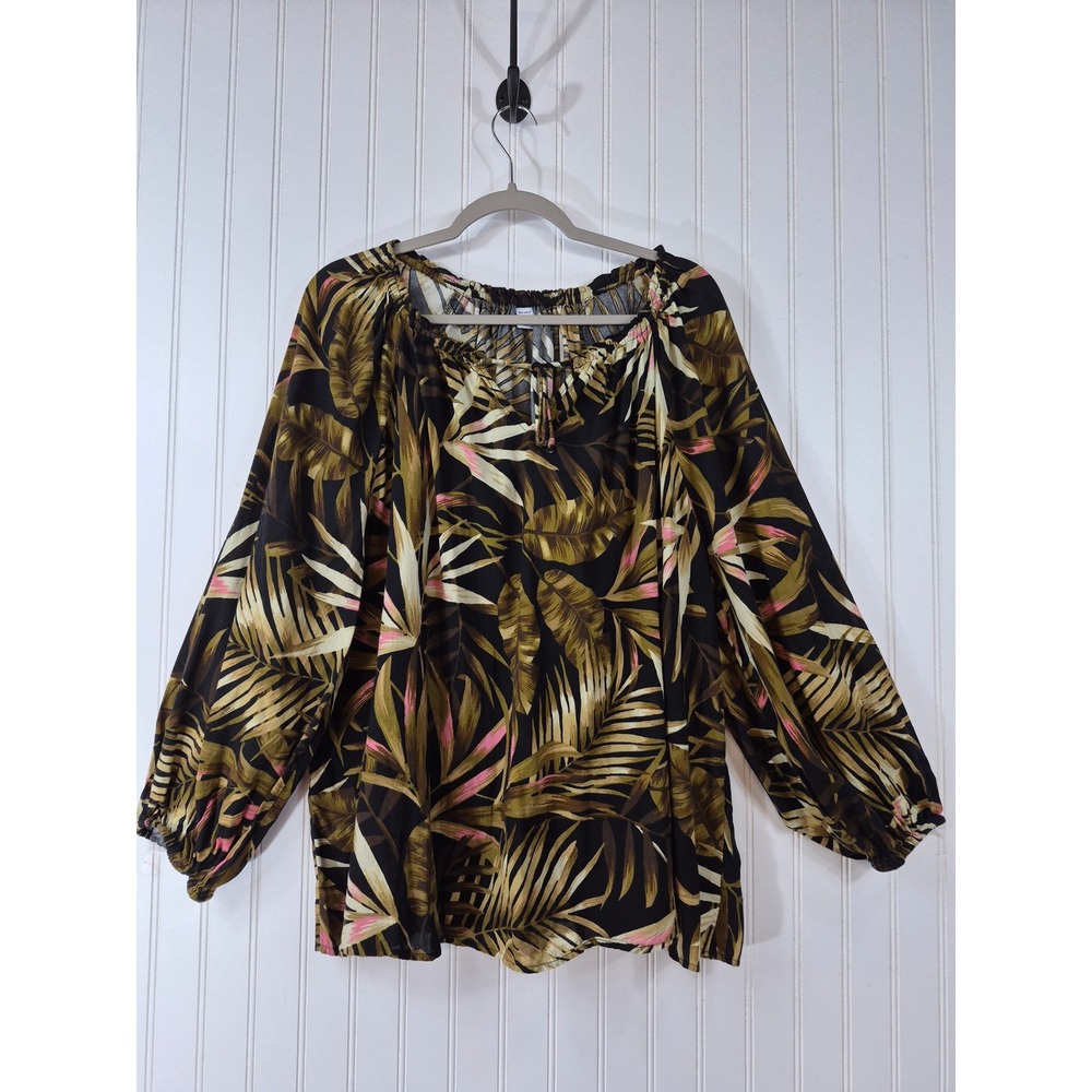 Old Navy Tropical Palm Print Peasant Blouse XXL Black Green 100% Cotton Boho